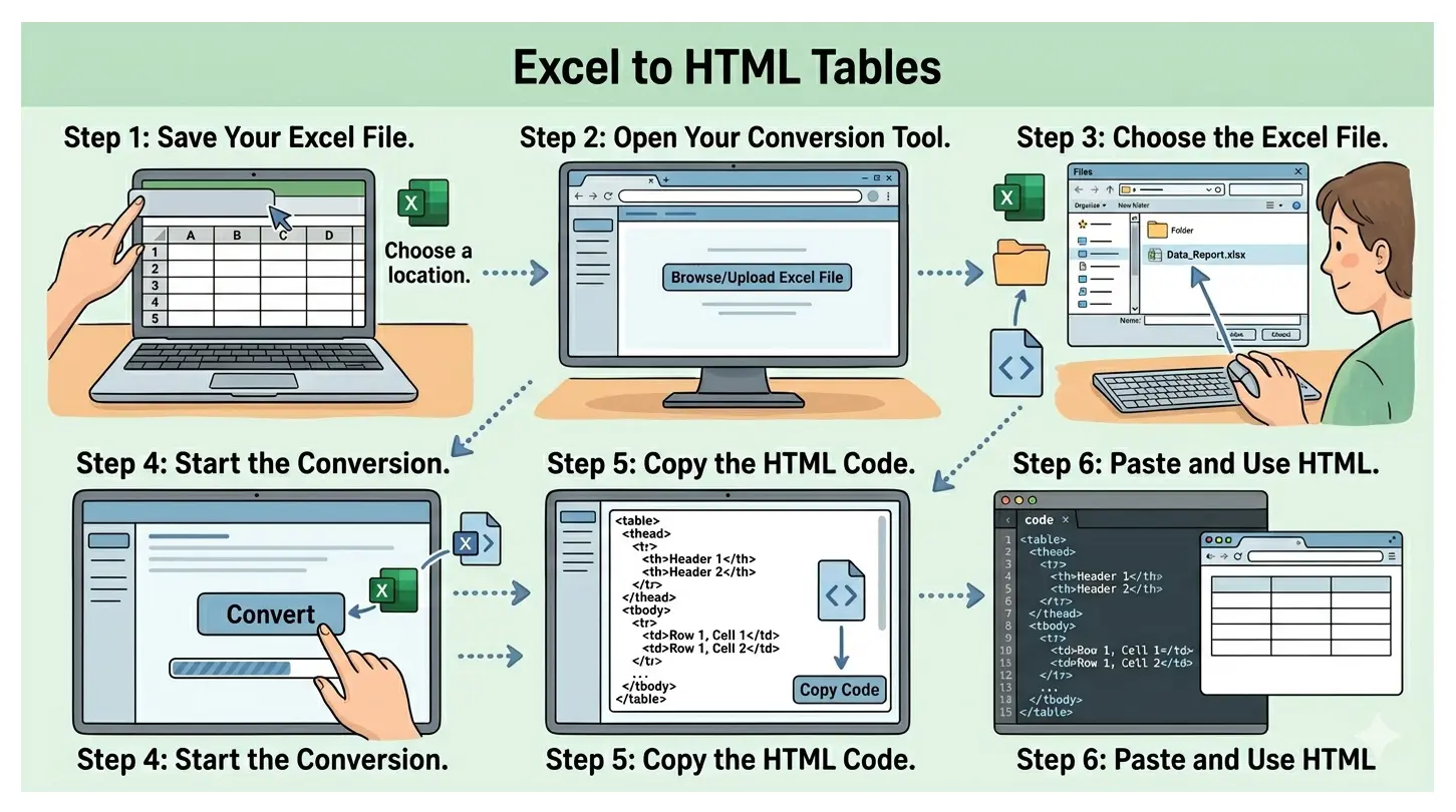how to convert excel file inot html tables online.